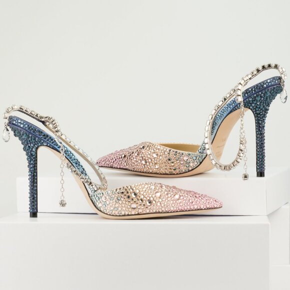 Jimmy Choo Saeda 100 Crystal-Embellished Satin Pumps, Sunrise Mix, EU 38.5/US8.5 - Picture 13 of 15